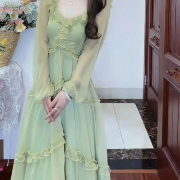 2026 Spring/Summer Trend: French Resort Style Green Chiffon Lace Long Dress