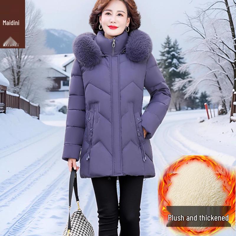Mom's Mid-Length Fleece-Lined Down Cotton Coat - Petite, Middle-Aged & Elderly Women's Winter Jacket