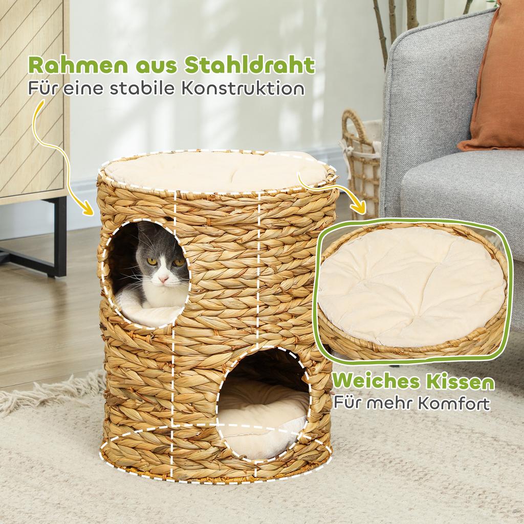 Kratzbaum, 50 cm, 2 Höhlen, Kissen, Kratzsäule mit Katzenbett, Katzenturm aus Wasserhyazinthe, Hellbraun