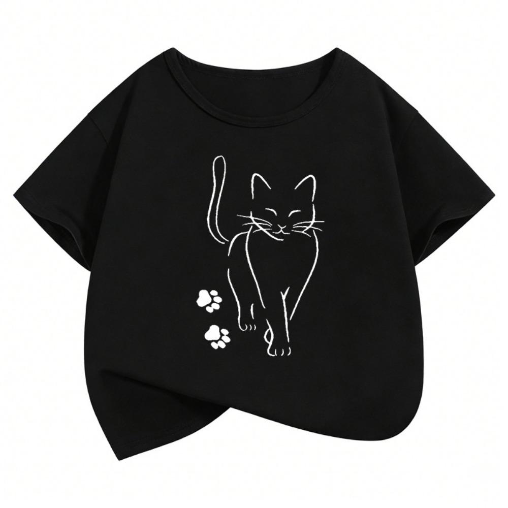 Cute Cat with Paw Kids Tshirts Summer Short Sleeve Tees Cartoon Boys Girls Clothes Kawaii Kitten Tops Y2K Children T-shirt