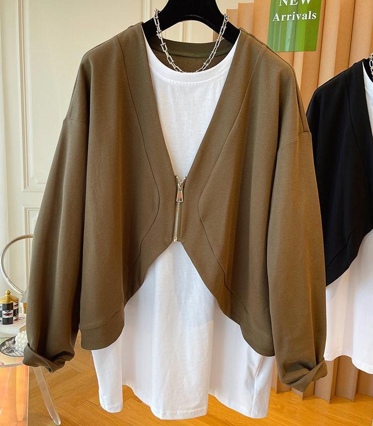 

Женский свитшот большого размера в корейском стиле, имитация двойки, осенний, с длинным рукавом, повседневный, свободный худи, на молнии, топ, пуловер оверсайз XXXXL