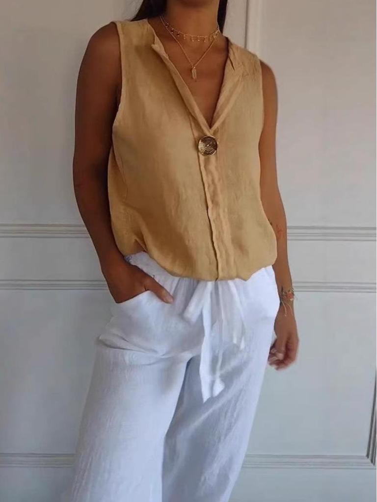 2026 New Women's Cotton Linen Sleeveless Casual Top with Faux Cardigan Collar