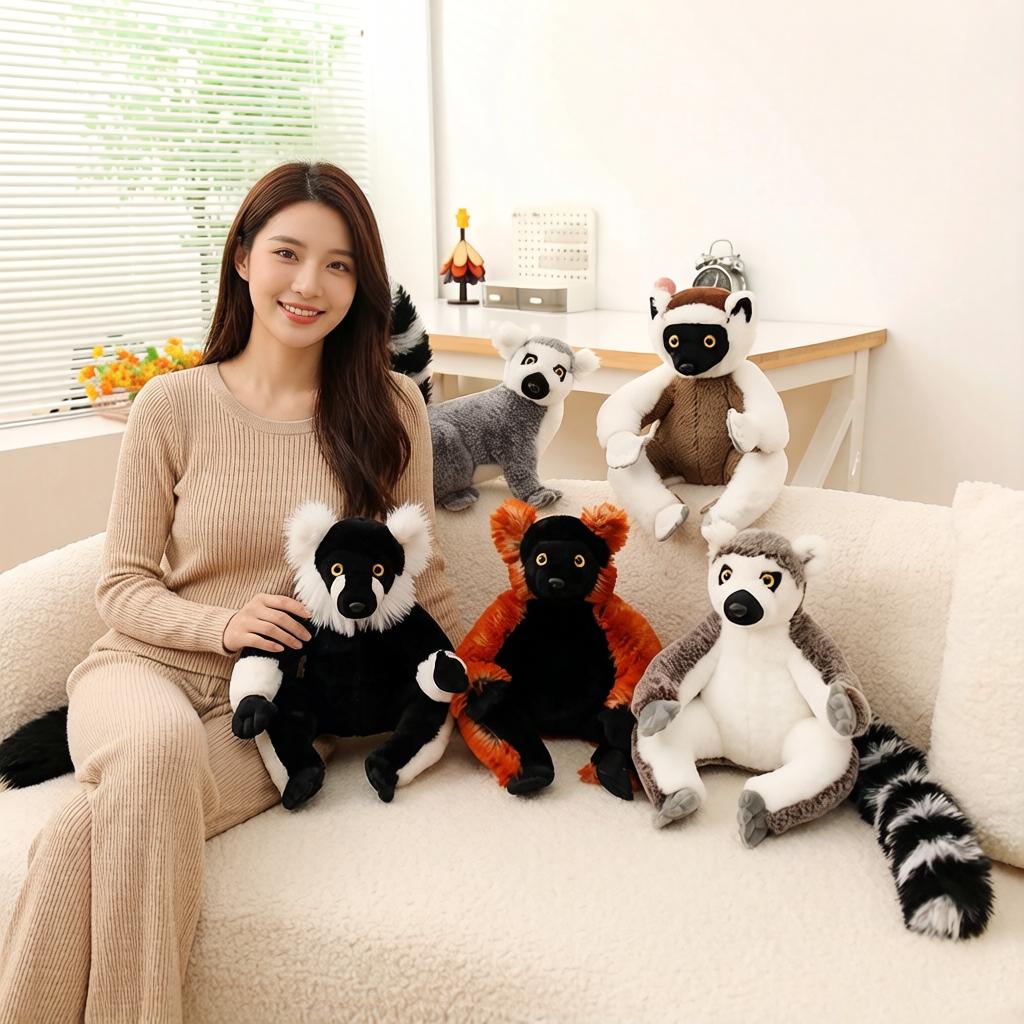 Favorite Toy Unisex Red Simulation Five Lemurs Plush Toy Stuffed Ring-Tailed -Ruffed Lemur Wild Animal Long Tail Plushie Man Gift