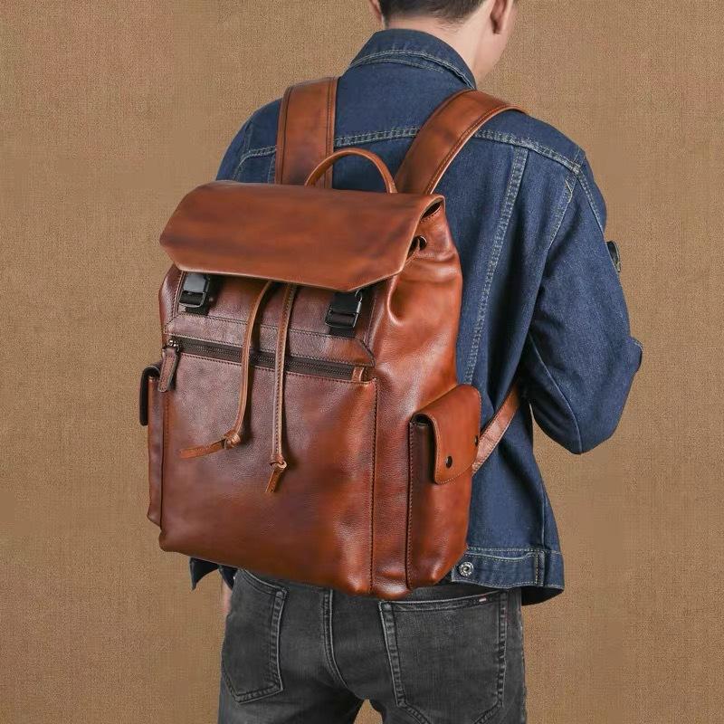 Retro first-layer cowhide backpack hand-polished genuine leather casual large-capacity travel backpack vegetable tanned leather computer bag