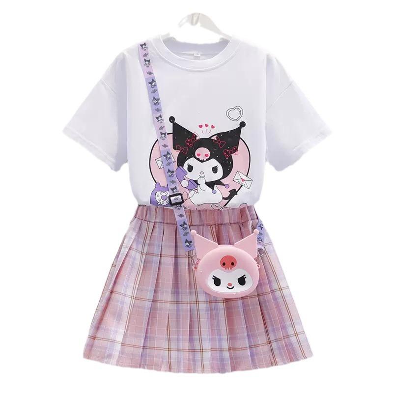 Girls' 2024 Summer JK Style Skirt Set: Korean Cartoon Top with Pleated Skirt Two-Piece Trendy Outfit