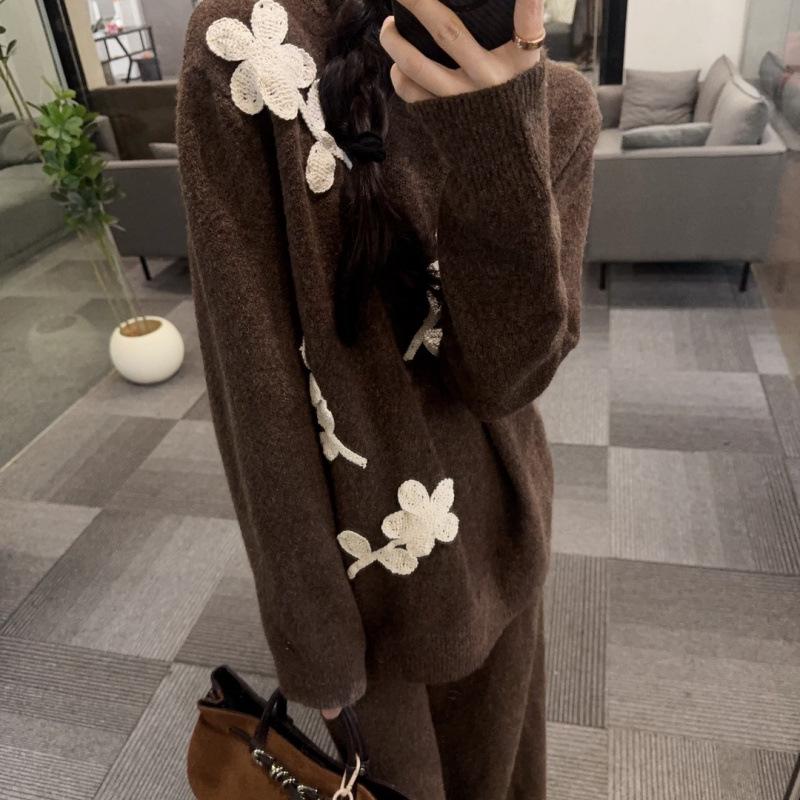 

Retro Cozy Knit Two-Piece Set: Casual & Versatile for Autumn/Winter Large коричневый