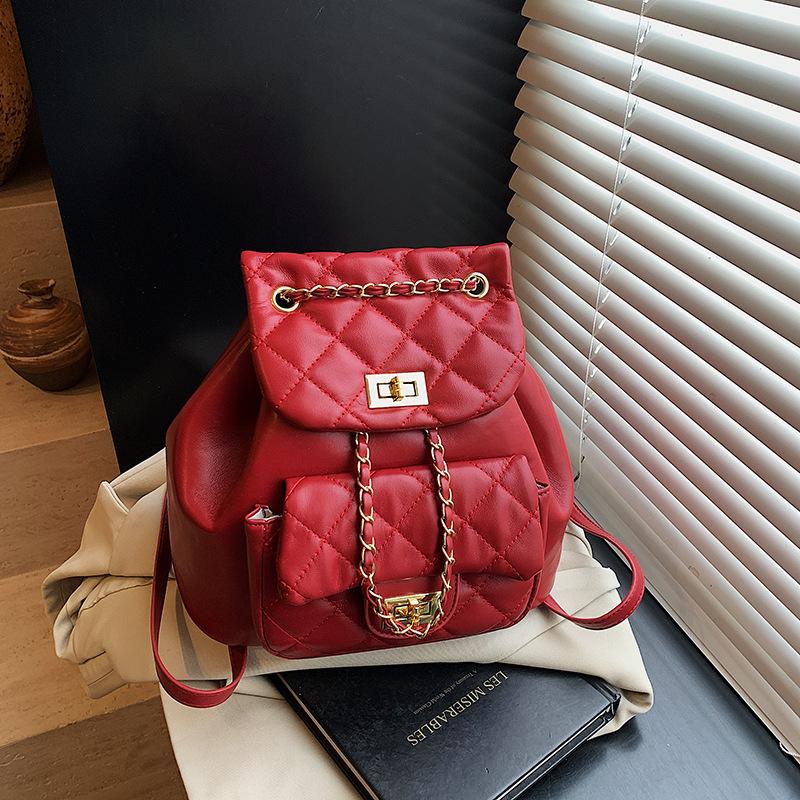 Neue Mode Rhombus Stickgarn Verschluss Mehrfach-Taschen Kette Saugung Große Kapazität Eimer Tasche Mini Kleiner Rucksack