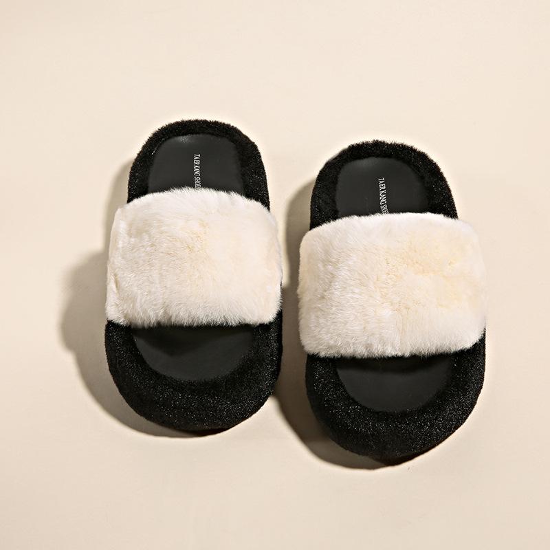 Thick-soled outer wear fluffy slippers women's autumn new one-word home plush slippers open-toed cotton slippers