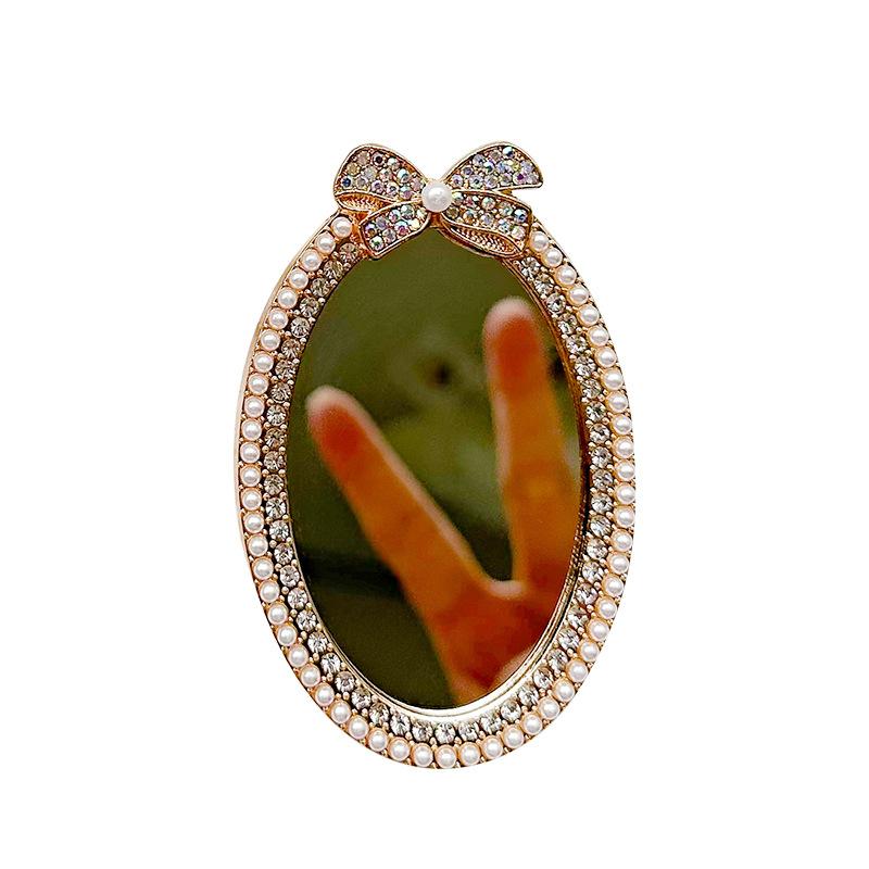 Rhinestone Bow Oval Mirror Sticker Mobile Phone Airbag Bracket Back Sticker Retractable Portable Makeup Mirror