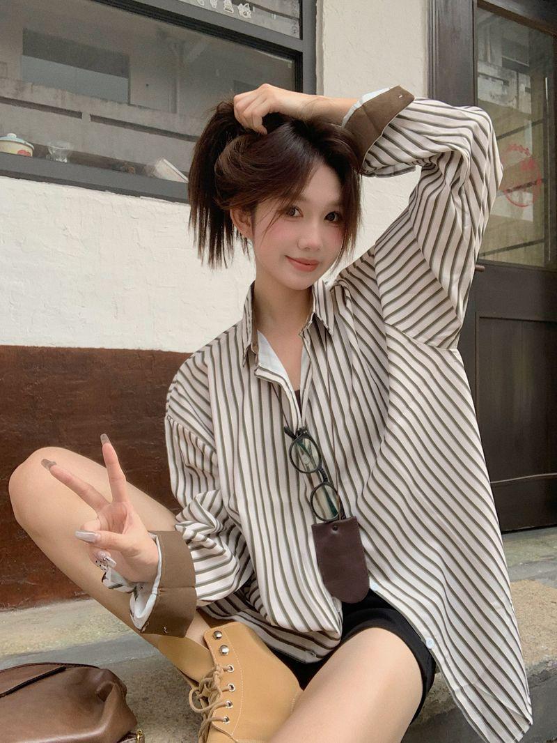 

Женская французская ретро полосатая куртка-рубашка - Длинный рукав, многослойный стиль Гонконга для весны и осени Large