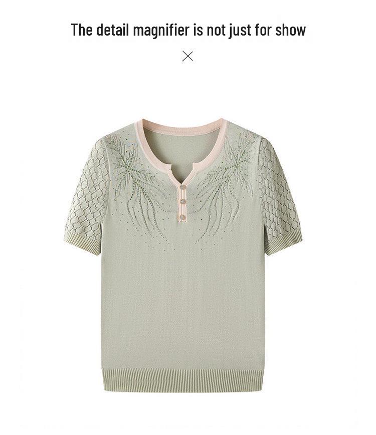 Summer 2026 Ice Silk Knit T-Shirt: Short-Sleeve, Loose Fit for Middle-Aged & Elderly Women