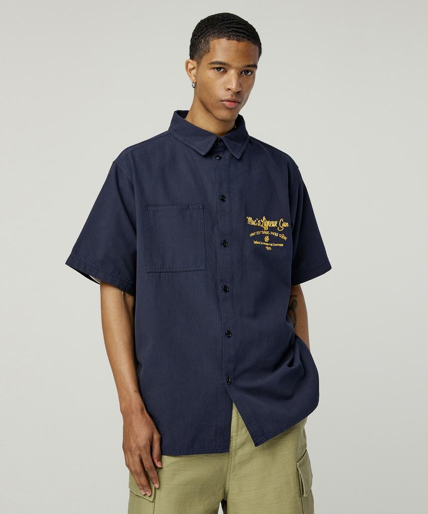 MAGOODGAN Labor 2905 Yellow Chain Embroidery Oversized Navy Short Sleeve Shirt