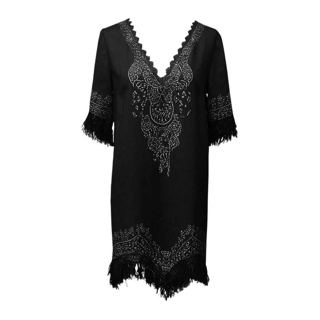 2026 Spring/Summer 3D Print Deep V-Neck Irregular Tassel Dress