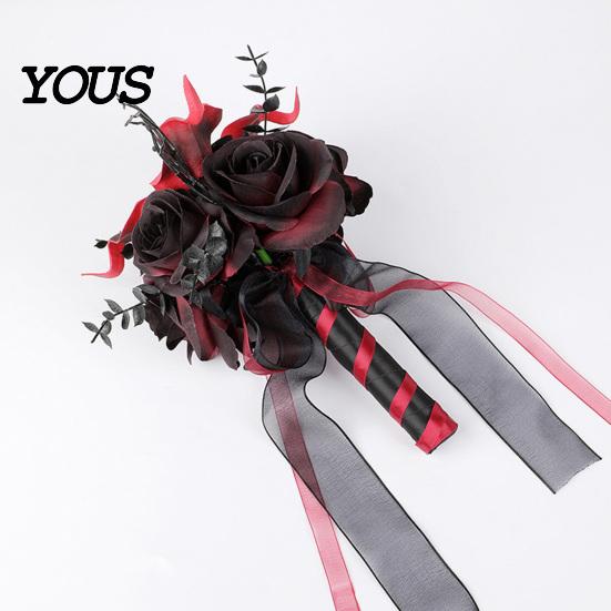 Dead Branch Floral Decor Gothic Wedding Bride Bouquet, Artificial Black Red Rose Flower Bouquet Faux Arrangement with Skeleton Hand Pumpkin Skull for