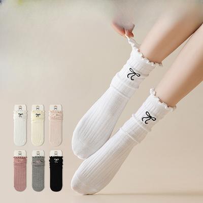 Damen Sommer Dünne Ballett-Stil Bestickte Schleife Mittelhohe Frottee Baumwollsocken