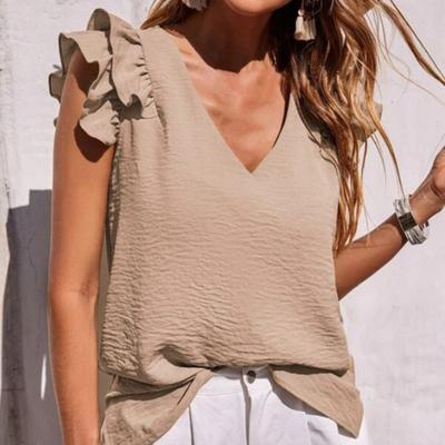 V-neck Loose Wrinkle Summer Blouse Ruffle Sleeve Solid Color Top Female Clothing