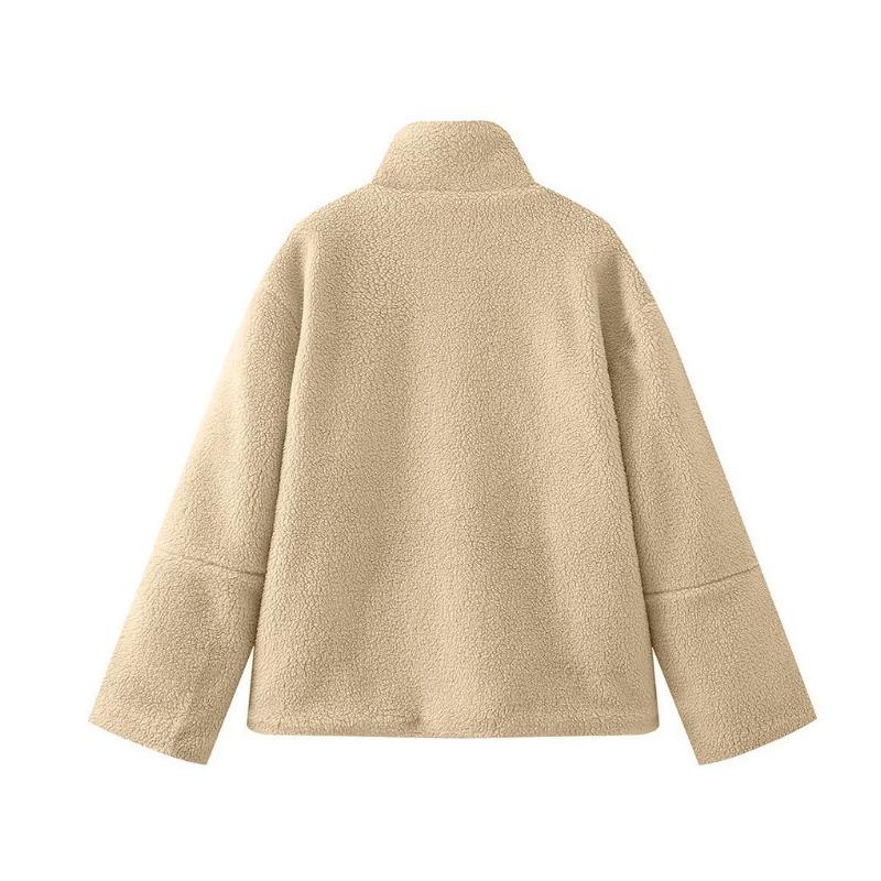 Autumn Winter High Collar Solid Color Lamb Fleece Warm Coat Women Loose Casual Zipper Outwear Cardigan Top