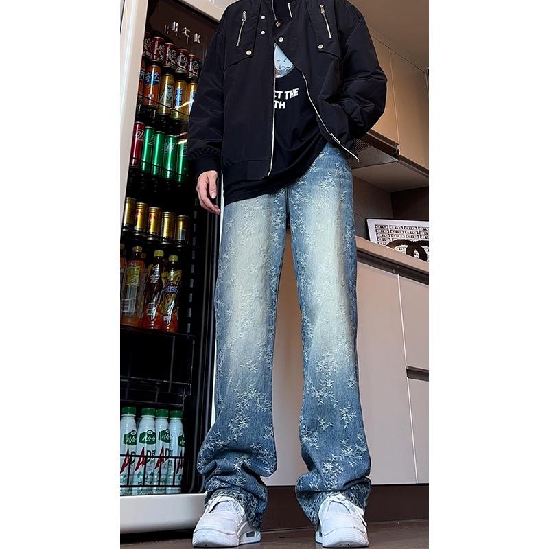 American high street jeans trendy brand pants design sense niche straight pants vibe retro washed jacquard micro-pull pants