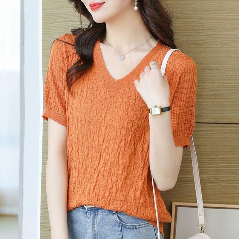 

Женская футболка Ice Silk, летний топ для мам с V-образным вырезом, свободные ажурные тонкие трикотажные рубашки 2XL