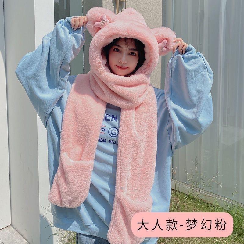 Hat women's autumn and winter versatile warm winter hat scarf integrated ear hat cute plush thickened plush hat
