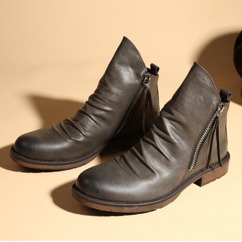 Men's Leather Chelsea Boots Double Side Zipper Round Toe Casual Outdoor Walking Platform Boots Casual Non-slip Shoes