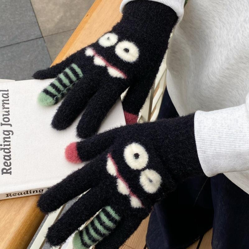 Funny Monster Finger Touch Screen Plush Knitted Gloves Cute Winter Knitted Gloves Warm Thickened Velvet Split Finger Gloves