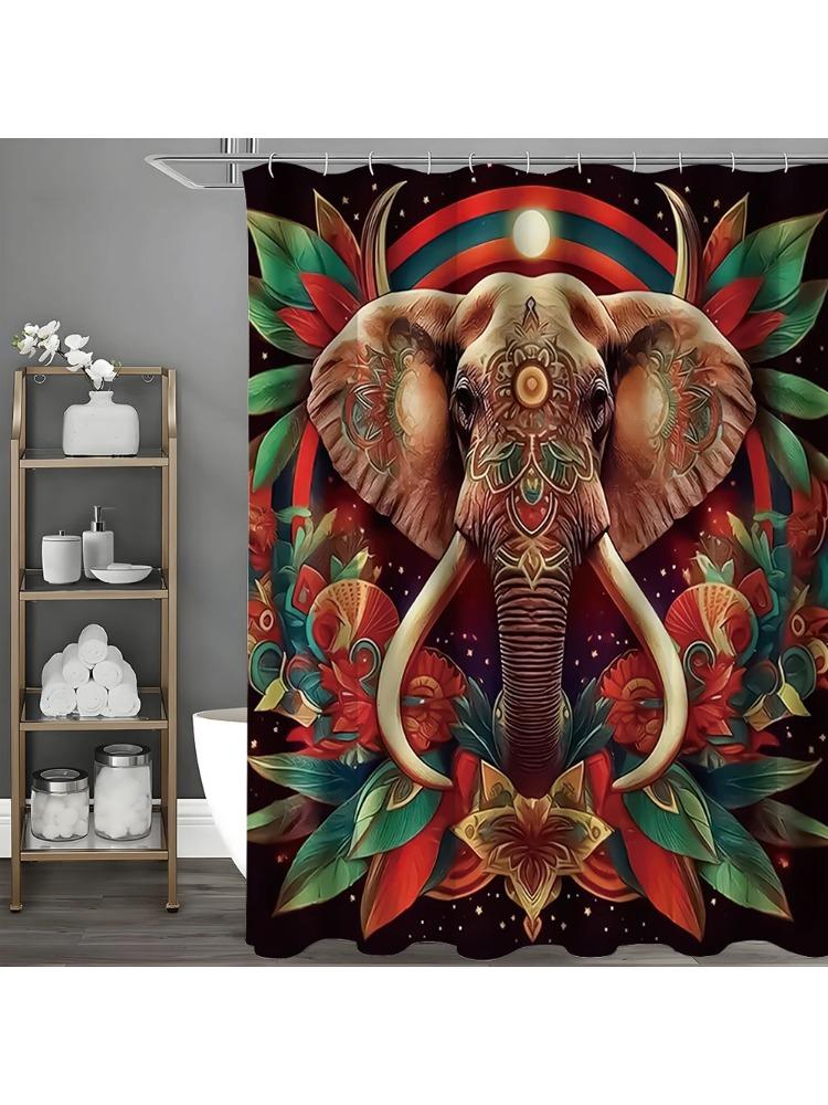 Elephant Flower Shower Curtain, Bathroom Decorative Shower Curtain, Waterproof Shower Curtain with Hooks W90xH180cm