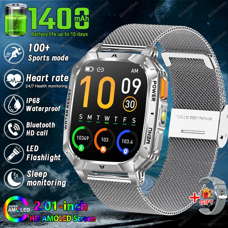 New 1400 mAh Battery Military Smartwatch Men IP68 Waterproof Flashlight Health Monitor Sports Call Smart Watch For iOS Android