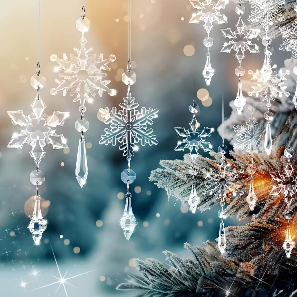 15pcs Elegant Crystal Snowflake Ornaments with 393.7inch Long Silvery Rope, Christmas Tree Acrylic Snowflake Winter Wonderland Decorations, Sparkling