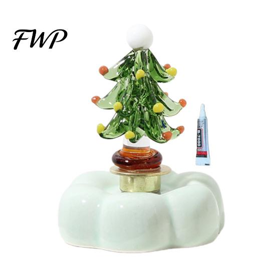 Car Dashboard Ornament Glass Christmas Tree Figurine with Rotating Ceramic Base, Handmade Glazed Unique Holiday Keepsake for Desk Decor And