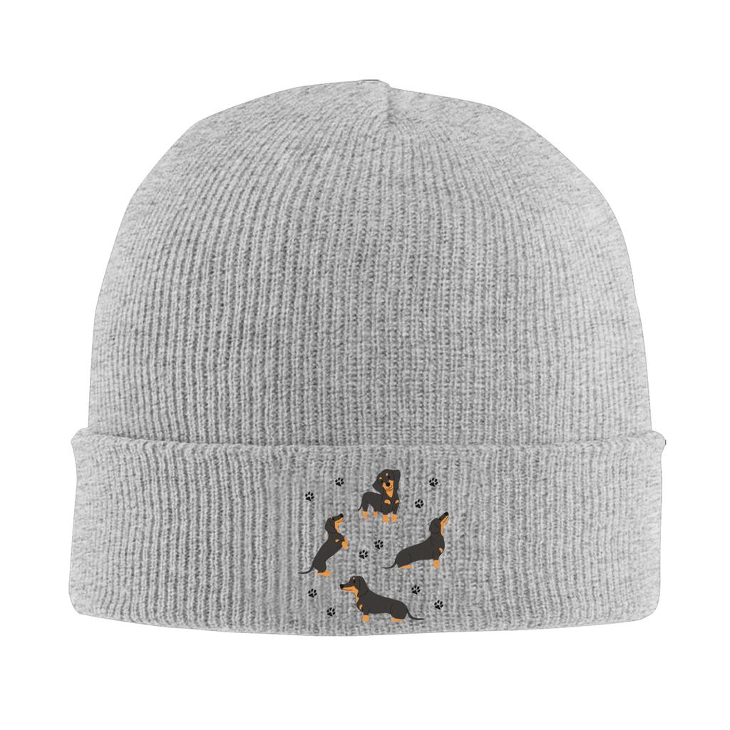 Dachshund Dog Pattern with Dog Paws Warm Knitted Cap Winter Knit Bonnet Hat Skullies Beanies Hip Hop Caps for Unisex