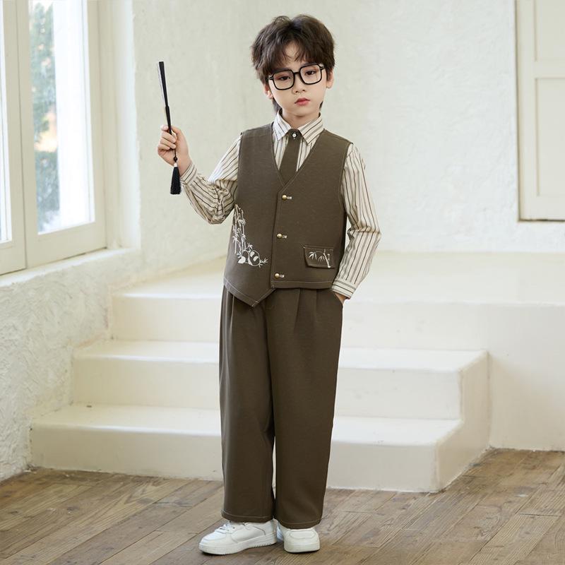 Spring Embroidered Hanfu Vest Set for Boys - Traditional Style Recitation & Performance Outfit