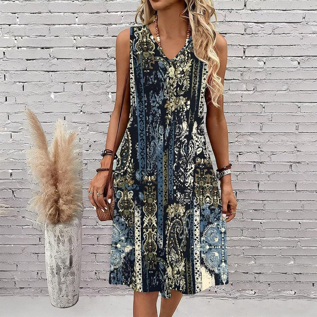 Plus Size V Neck Sleeveless Dress Lush Valley Waterfall Scenic Print For Mountain Hiking Trip