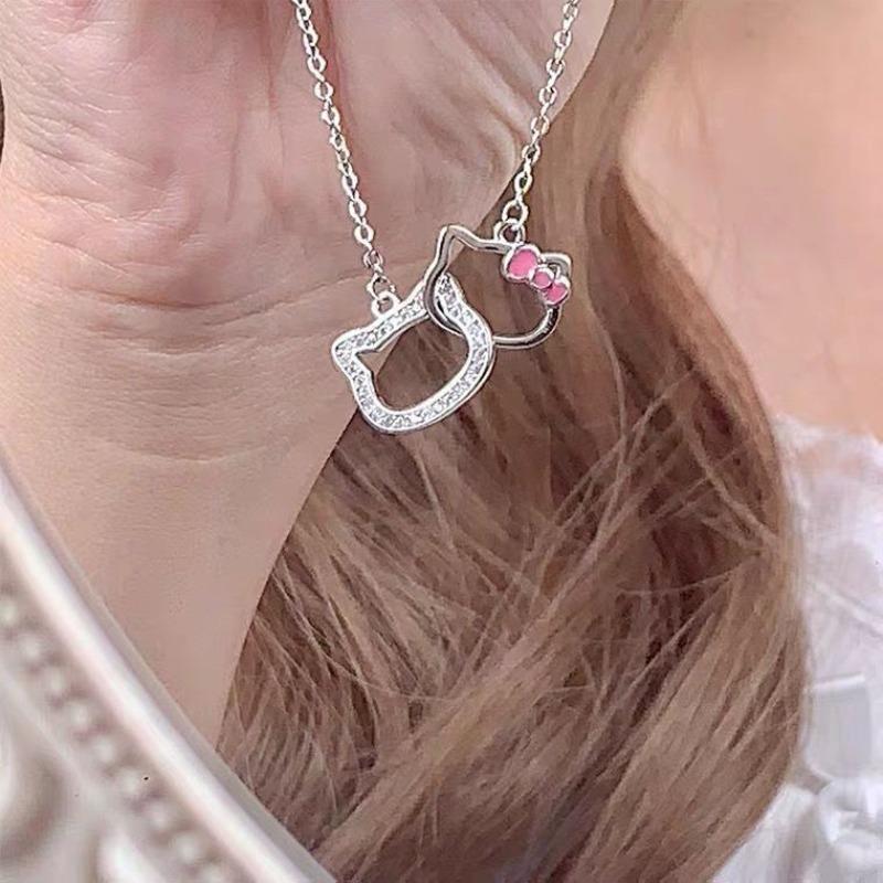 Flash Diamond Hellokitty Hello Kitty Necklace Cute Girl Senior Sense KT Cat Pearl Pendant Collarbone Chain