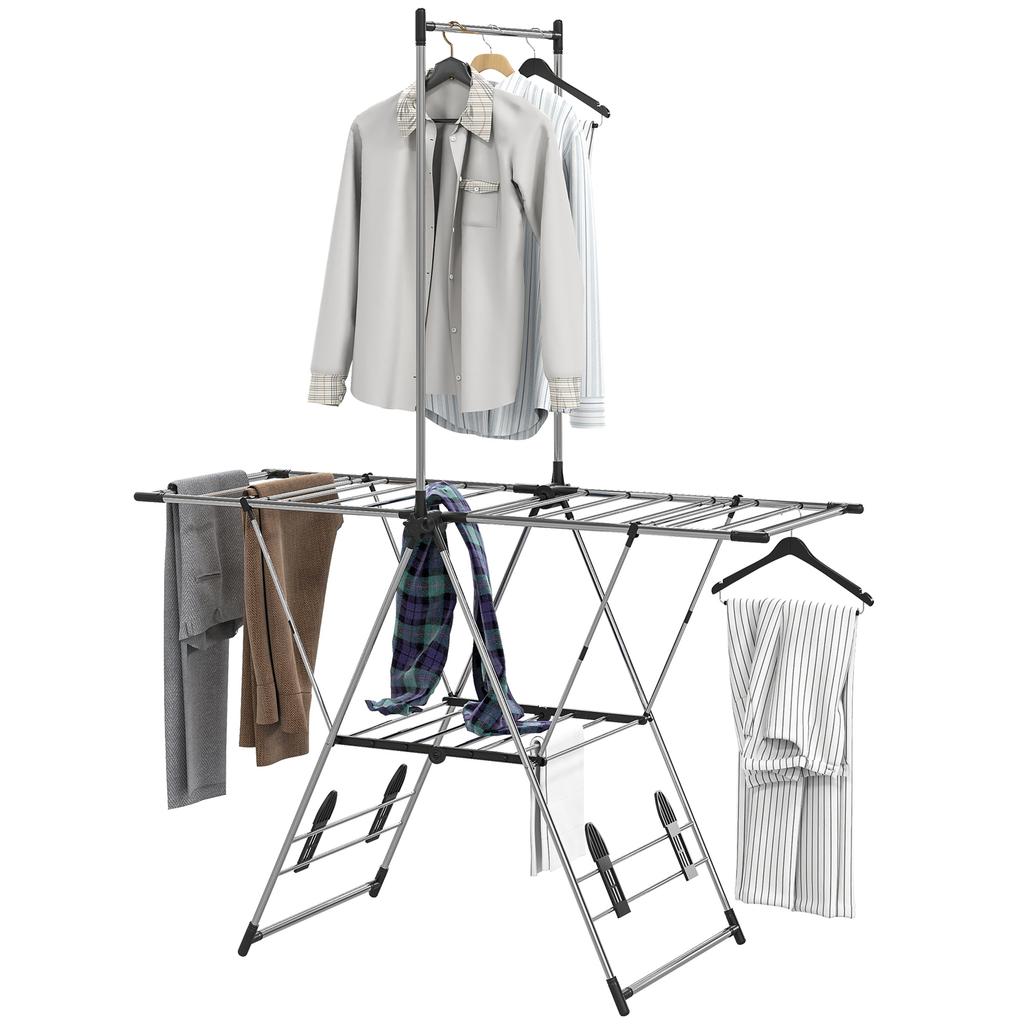Folding Clothes Drying Rack with 5 Adjustable Wings and 4 Shoe Racks, Stainless Steel, Silver