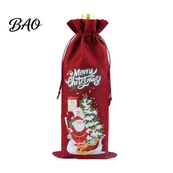 Decorative Bottle Bags for Christmas Wine Bag, Vintage Drawstring Sleeve, Reusable Faux Holiday Party Packaging Linen Cover Clothes New Year
