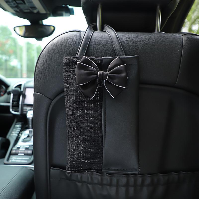 High Quality Plush Bow Car Tissue Holder Elegant Seat Back Hanging Bag Tissue
