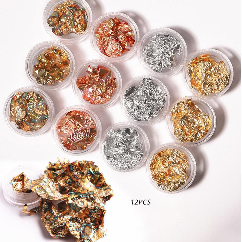 12 mřížkových nehtových dekorací, ultratenká zlato-stříbrná alobalová fólie, 3D třpytky, DIY nehtové umění, UV gelový lak na nehty, nástroj pro zdobení nehtů, fólie