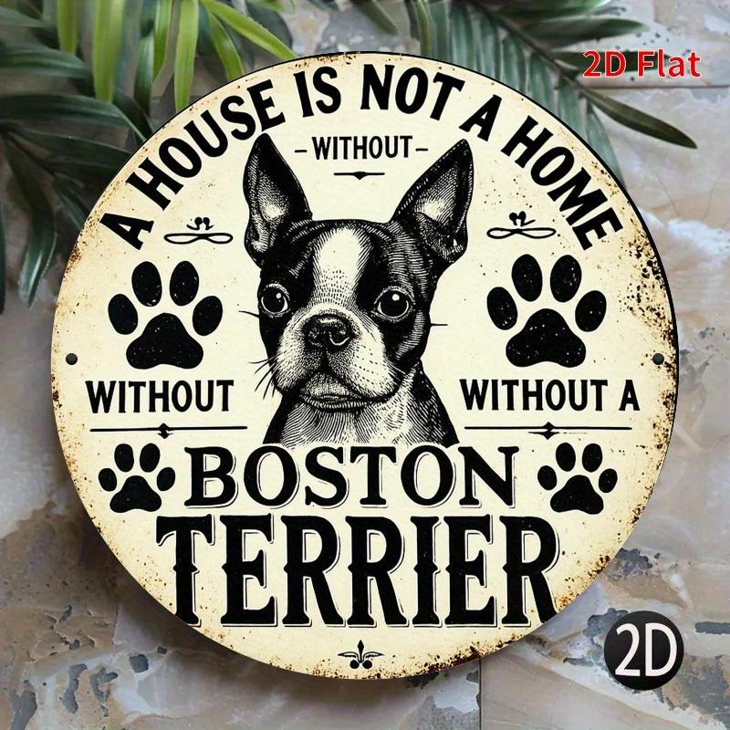 D Flat Open D Flat a Vintage Boston Terrier WallDesktop Decoration Beige And Black Retro Paw Prints And Boston Terrier 20x20cm(8x8inch)