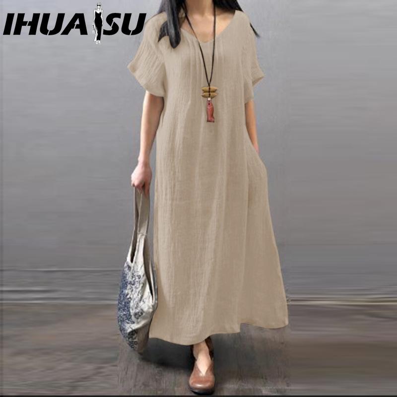 

IHUASU Женская мода Лето Весна Однотонный принт Короткий рукав V-образный вырез Завышенная талия Повседневные платья XXXXXL хаки