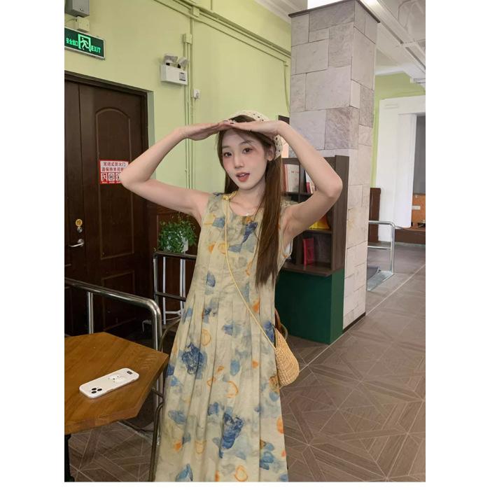 Ink painting vest dress niche design sense spring and summer new retro literary temperament new national style long dress S