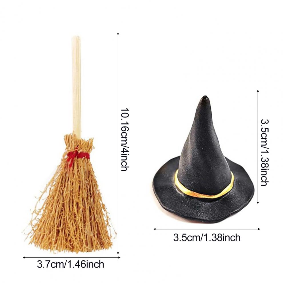 24 Pcs/Set Mini Witch Hat with Mini Broom Miniature Straw Brooms Plastic Witch Hat Set for Halloween Party Decoration