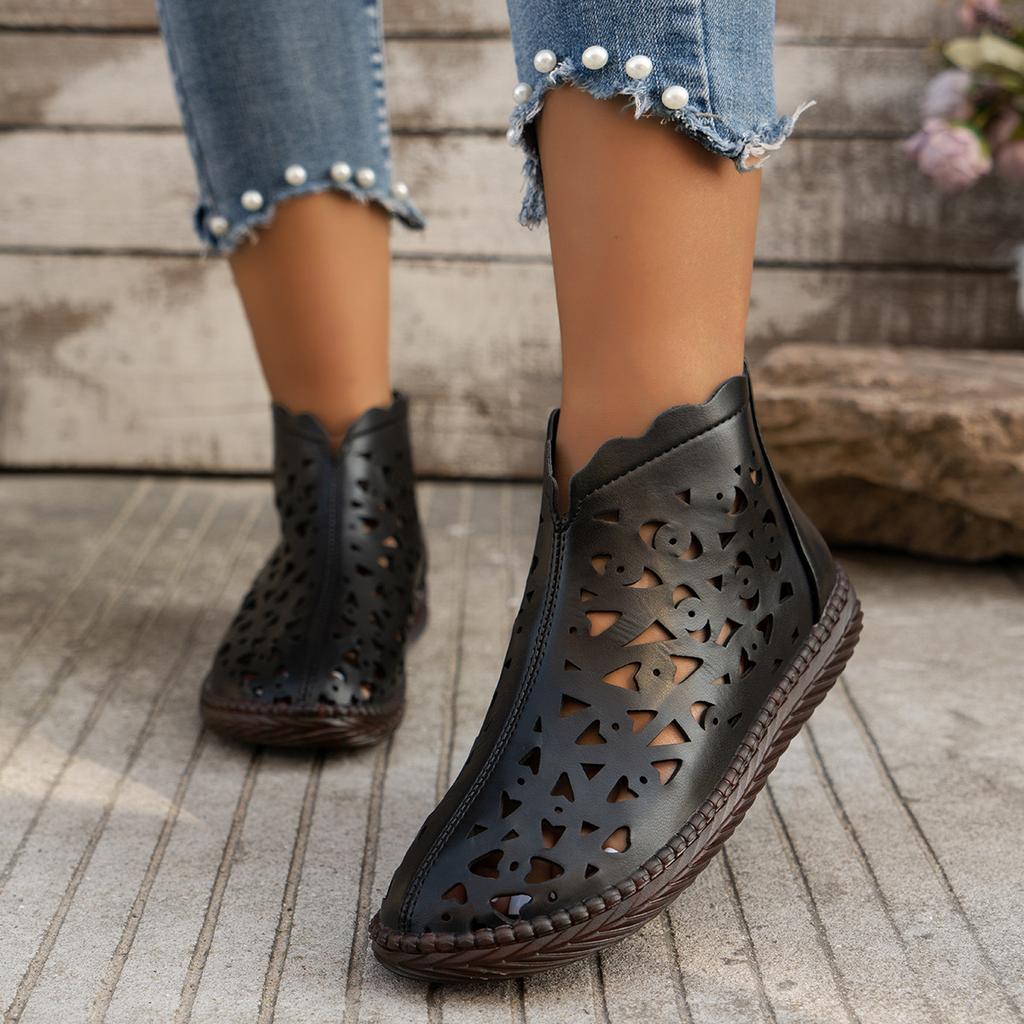 New Women's Round Toe Hollow Cutout Boots Retro Back Zipper Sandal Boots