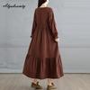 Korean Style Plus Size Spring Autumn Women Midi Dress O Neck Red Green Brown Burgundy Oversized Dress Lace Up Embroidery Cotton Dress