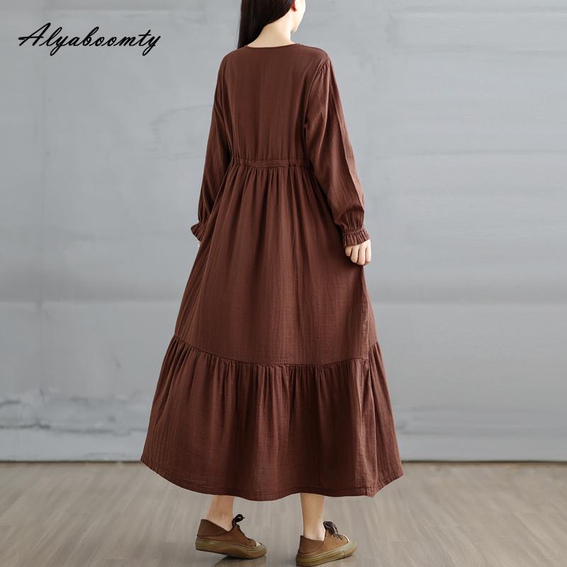 Korean Style Plus Size Spring Autumn Women Midi Dress O Neck Red Green Brown Burgundy Oversized Dress Lace Up Embroidery Cotton Dress