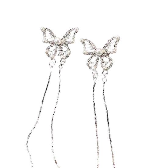 1 Pair Long Tassel Earrings for Women Imitation Pearl Butterfly Stud Earrings with Rhinestones