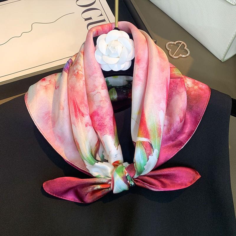100% Pure Silk Square Scarf Women Floral Print Lightweight Accessory 53x53cm Pink Elegant Neck Hair Wrap