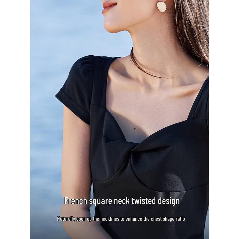 Elegant Square Neck Cinched Waist A-Line Midi Dress