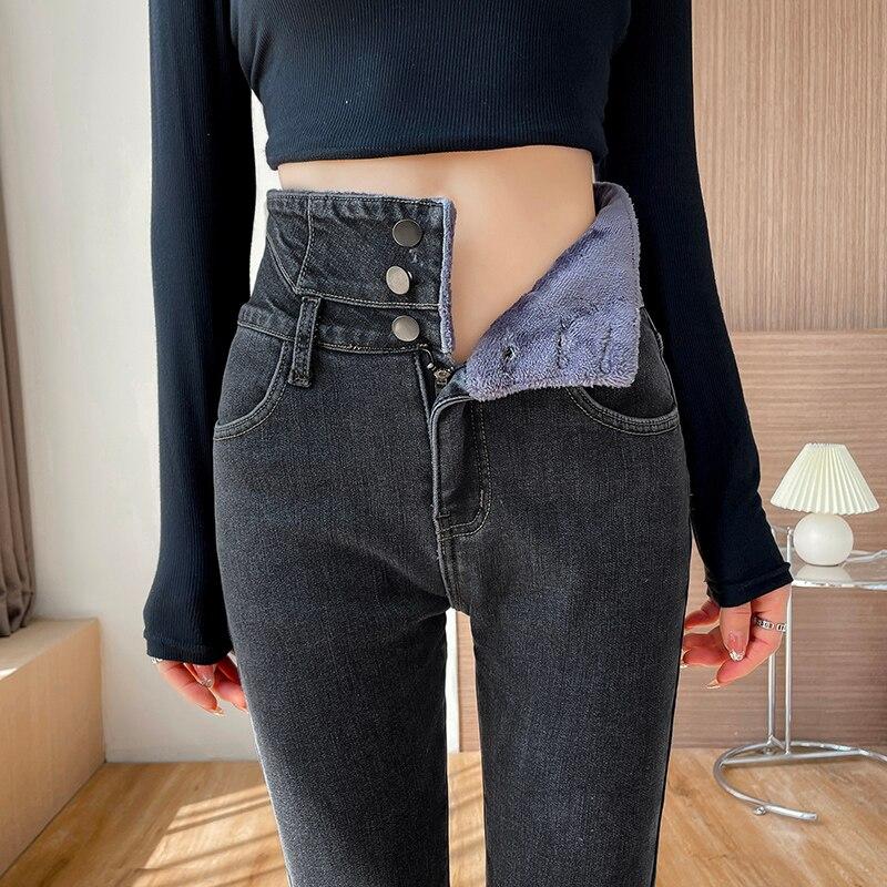 

Зимние толстые бархатные узкие женские джинсы с высокой талией, простые флисовые теплые облегающие эластичные брюки на пуговицах, женские повседневные джинсовые брюки-карандаш 28