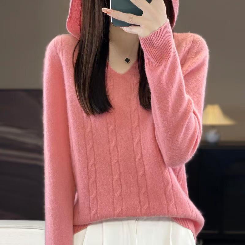 2026 Autumn/Winter Women's Hooded Knit Cashmere Hoodie - Soft & Fluffy Base Layer, Red New Year Edition